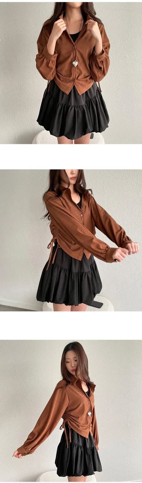chic 한 부서 가을 겨울 레트로 폴로 칼라 작은 대중 펌프 로프 허리 수축 싱글 줄 버튼 캐주얼 다용도 스택 착용 셔츠 맨위 상세 이미지 5