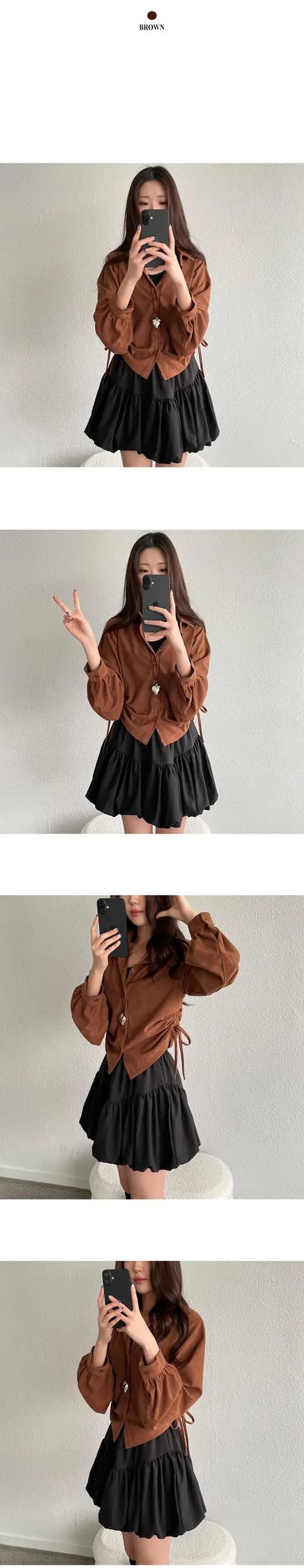 chic 한 부서 가을 겨울 레트로 폴로 칼라 작은 대중 펌프 로프 허리 수축 싱글 줄 버튼 캐주얼 다용도 스택 착용 셔츠 맨위 상세 이미지 6