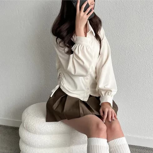 chic 한 부서 가을 겨울 레트로 폴로 칼라 작은 대중 펌프 로프 허리 수축 싱글 줄 버튼 캐주얼 다용도 스택 착용 셔츠 맨위 상세 이미지 7