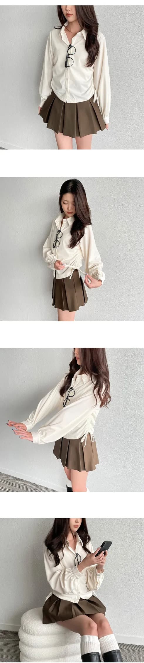 chic 한 부서 가을 겨울 레트로 폴로 칼라 작은 대중 펌프 로프 허리 수축 싱글 줄 버튼 캐주얼 다용도 스택 착용 셔츠 맨위 상세 이미지 8