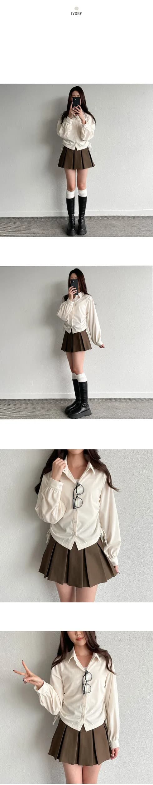 chic 한 부서 가을 겨울 레트로 폴로 칼라 작은 대중 펌프 로프 허리 수축 싱글 줄 버튼 캐주얼 다용도 스택 착용 셔츠 맨위 상세 이미지 9