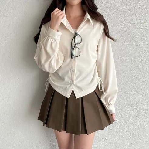 chic 한 부서 가을 겨울 레트로 폴로 칼라 작은 대중 펌프 로프 허리 수축 싱글 줄 버튼 캐주얼 다용도 스택 착용 셔츠 맨위 상세 이미지 12