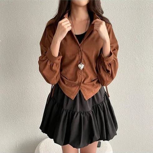 chic 한 부서 가을 겨울 레트로 폴로 칼라 작은 대중 펌프 로프 허리 수축 싱글 줄 버튼 캐주얼 다용도 스택 착용 셔츠 맨위 상세 이미지 13