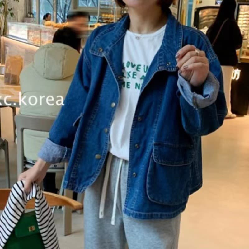 한국 동대문 여성 의류 가을 새로운 출퇴근 캐주얼 루즈핏 부드럽다 3 차원 주머니 데님 재킷 상세 이미지 1