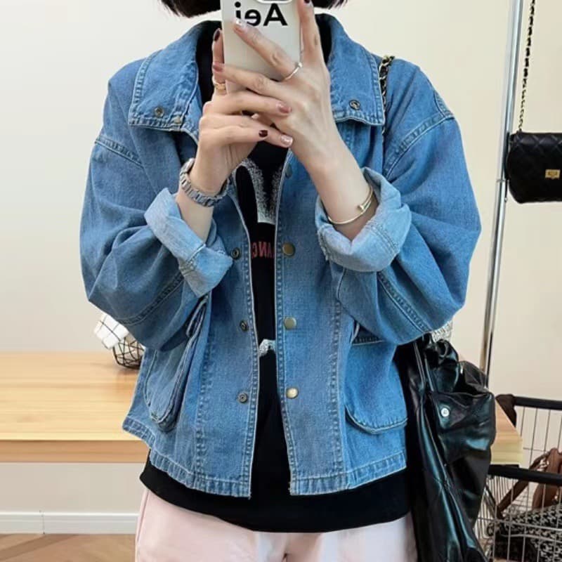 한국 동대문 여성 의류 가을 새로운 출퇴근 캐주얼 루즈핏 부드럽다 3 차원 주머니 데님 재킷 상세 이미지 4