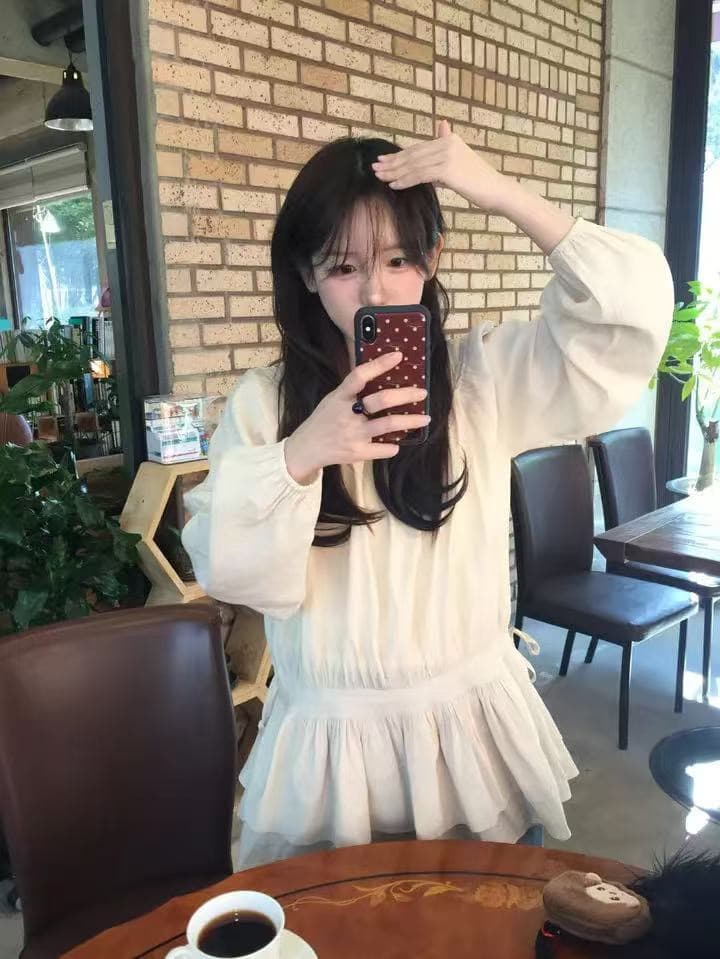 재고 있음 한국 ins 긴팔 허리 수축 끈 미니 드레스 상세 이미지 34