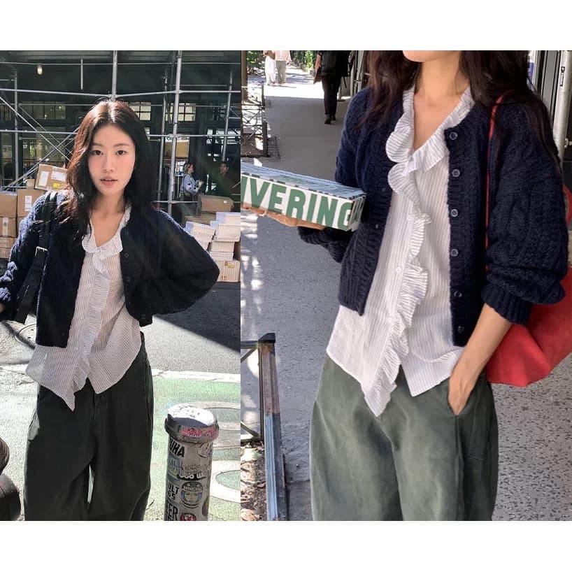 재고 있음 한국 26 가을 양모 미니멀리즘 마 무늬 쇼트 스타일 니트 오픈 가디건 상세 이미지 1
