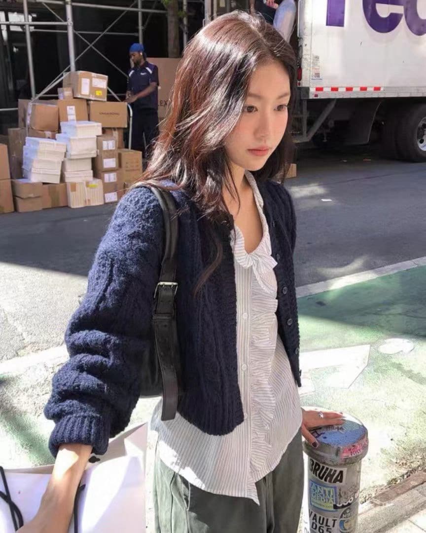 재고 있음 한국 26 가을 양모 미니멀리즘 마 무늬 쇼트 스타일 니트 오픈 가디건 상세 이미지 26