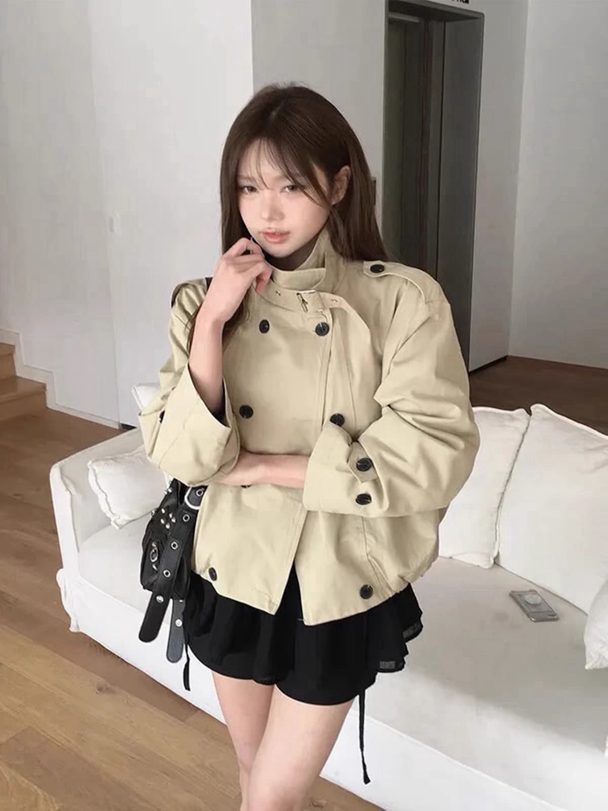 있음 창고 이중 버튼 스탠드 칼라 긴팔 루즈핏 캐주얼 다용도 재킷 작은 아이들 이미지 2
