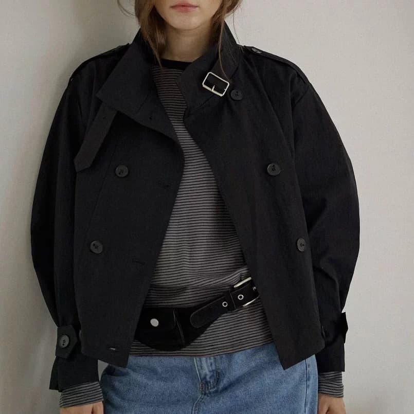 있음 창고 이중 버튼 스탠드 칼라 긴팔 루즈핏 캐주얼 다용도 재킷 작은 아이들 상세 이미지 1