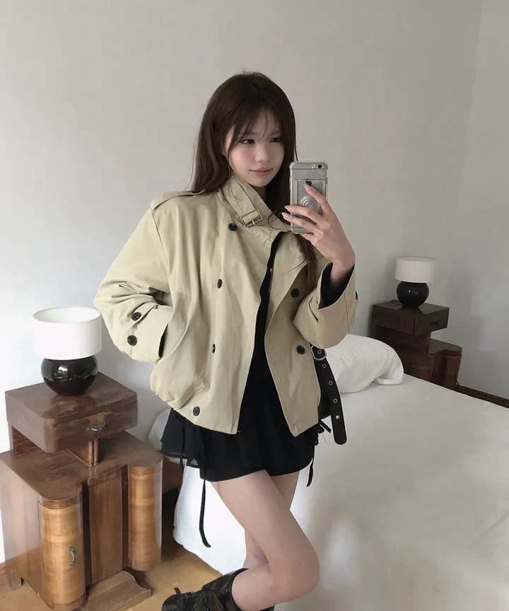 있음 창고 이중 버튼 스탠드 칼라 긴팔 루즈핏 캐주얼 다용도 재킷 작은 아이들 상세 이미지 4