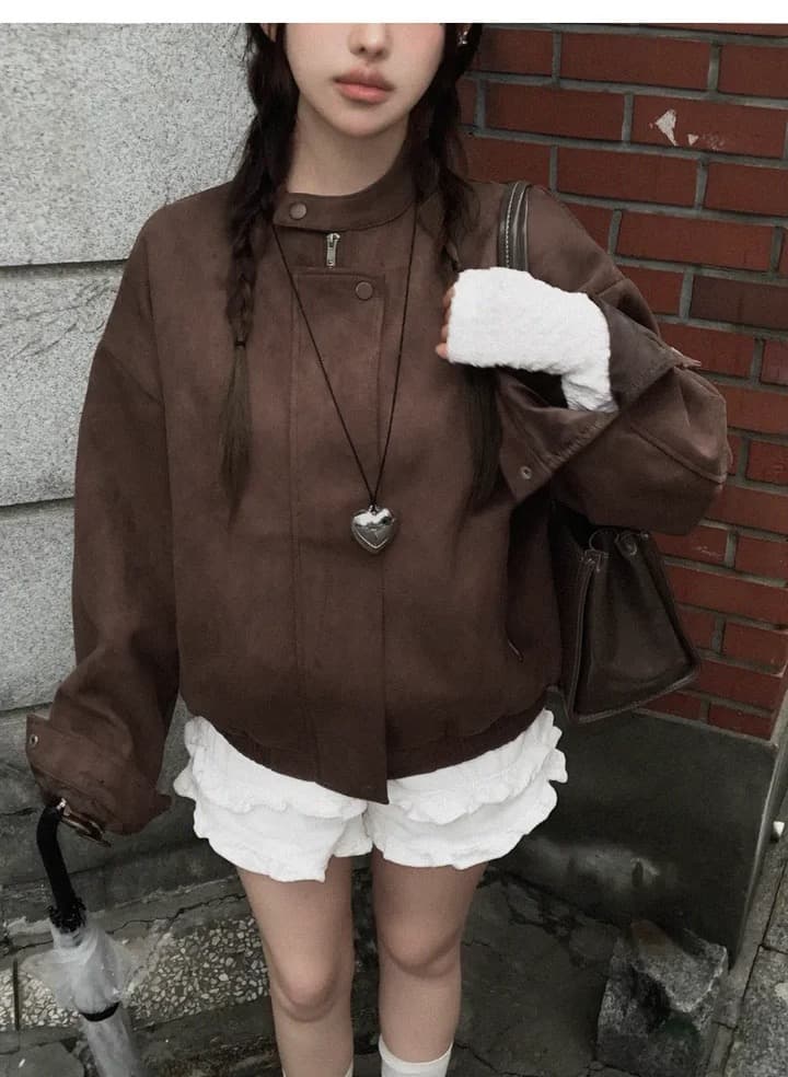 한국 chic 가을 겨울 레트로 작은 대중 스탠드 칼라 모방 사슴 캐시미어 루즈핏 다용도 긴팔 보온 재킷 여성 코트 상세 이미지 15