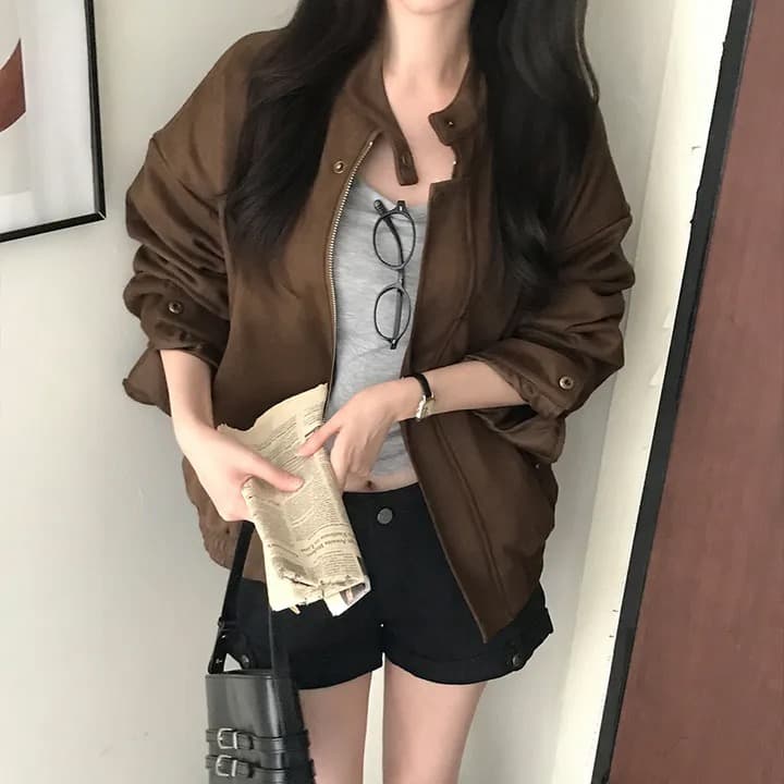 재고 있음 한국 스타일 다용도 스탠드 칼라 기계 가죽 여성 코트 상세 이미지 3