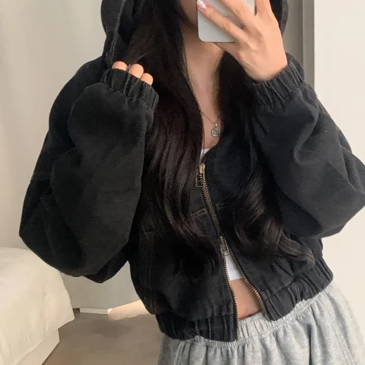 재고 있음 쇼트 스타일 더블 지퍼 데님 후드 재킷 이미지 4