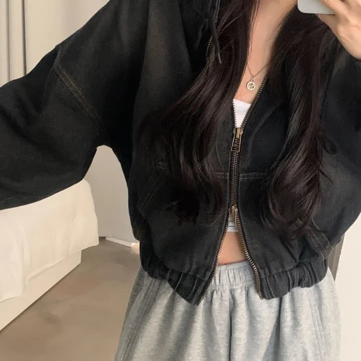 재고 있음 쇼트 스타일 더블 지퍼 데님 후드 재킷 상세 이미지 1