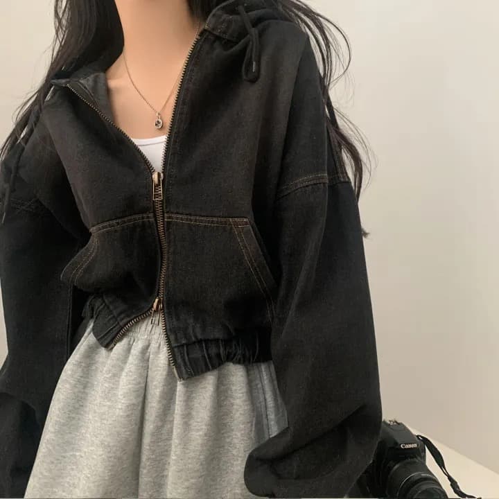 재고 있음 쇼트 스타일 더블 지퍼 데님 후드 재킷 상세 이미지 3