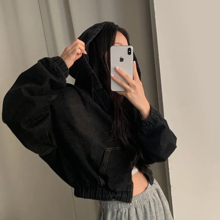 재고 있음 쇼트 스타일 더블 지퍼 데님 후드 재킷 상세 이미지 4