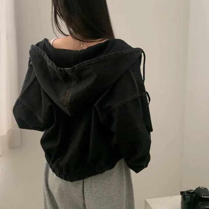 재고 있음 쇼트 스타일 더블 지퍼 데님 후드 재킷 상세 이미지 6
