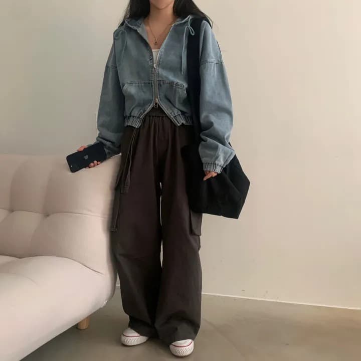 재고 있음 쇼트 스타일 더블 지퍼 데님 후드 재킷 상세 이미지 9