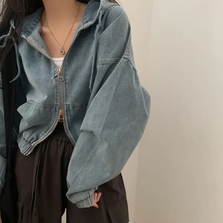 재고 있음 쇼트 스타일 더블 지퍼 데님 후드 재킷 상세 이미지 10
