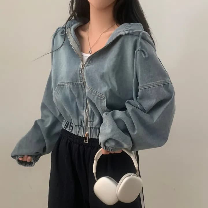 재고 있음 쇼트 스타일 더블 지퍼 데님 후드 재킷 상세 이미지 11