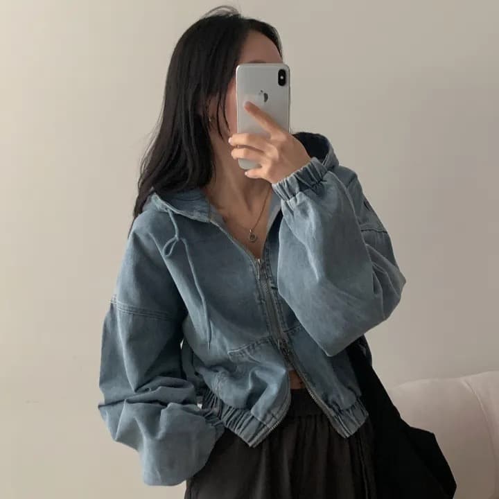 재고 있음 쇼트 스타일 더블 지퍼 데님 후드 재킷 상세 이미지 14