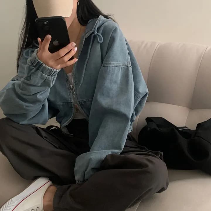 재고 있음 쇼트 스타일 더블 지퍼 데님 후드 재킷 상세 이미지 15