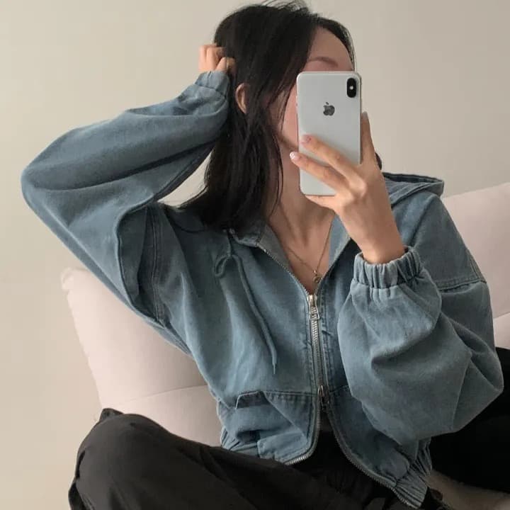 재고 있음 쇼트 스타일 더블 지퍼 데님 후드 재킷 상세 이미지 17