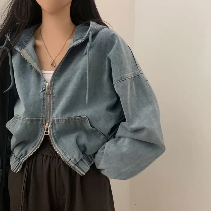 재고 있음 쇼트 스타일 더블 지퍼 데님 후드 재킷 상세 이미지 18
