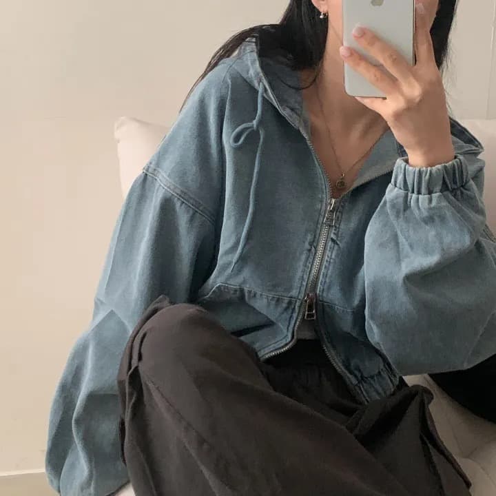 재고 있음 쇼트 스타일 더블 지퍼 데님 후드 재킷 상세 이미지 19