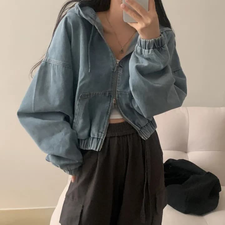 재고 있음 쇼트 스타일 더블 지퍼 데님 후드 재킷 상세 이미지 27