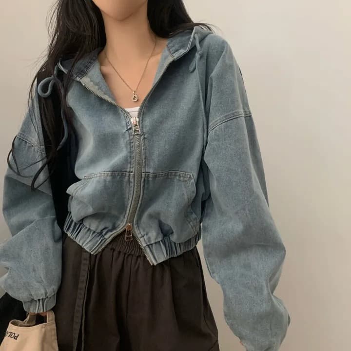 재고 있음 쇼트 스타일 더블 지퍼 데님 후드 재킷 상세 이미지 29