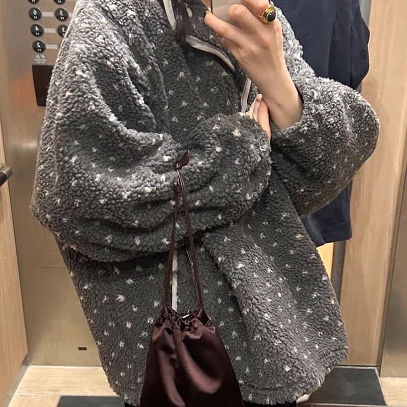 지금 스탠드 칼라 도트 무늬 플리스 지퍼 재킷 후드티 이미지 2