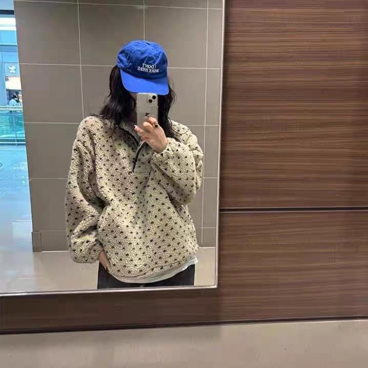 지금 스탠드 칼라 도트 무늬 플리스 지퍼 재킷 후드티 상세 이미지 6