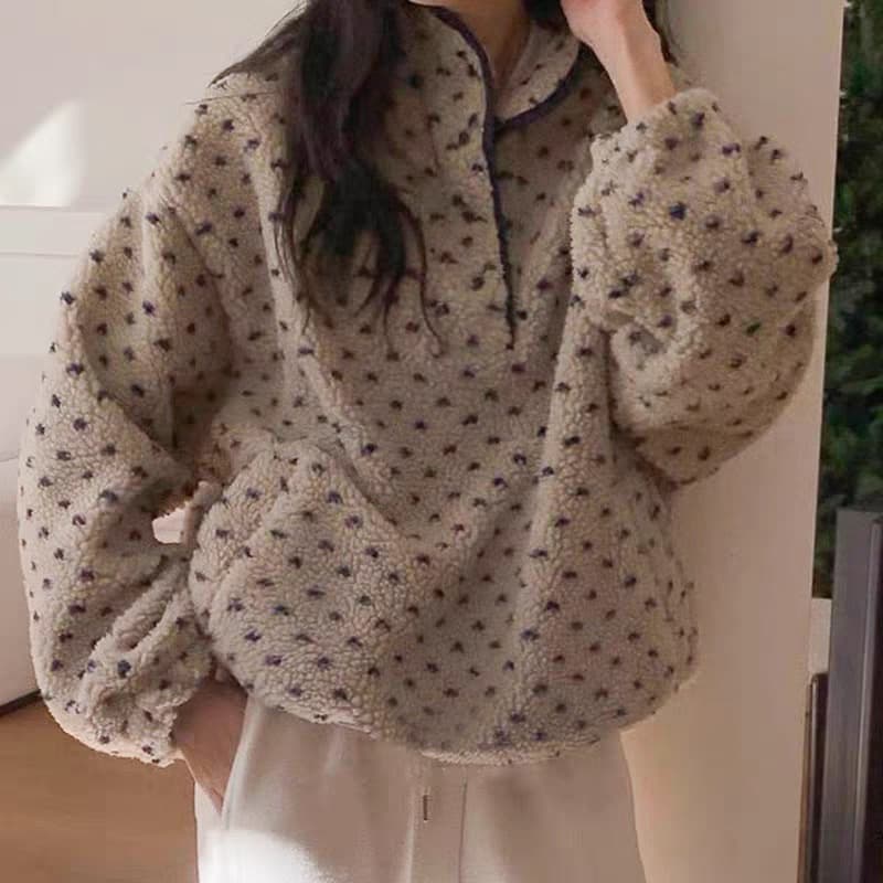 지금 스탠드 칼라 도트 무늬 플리스 지퍼 재킷 후드티 상세 이미지 13