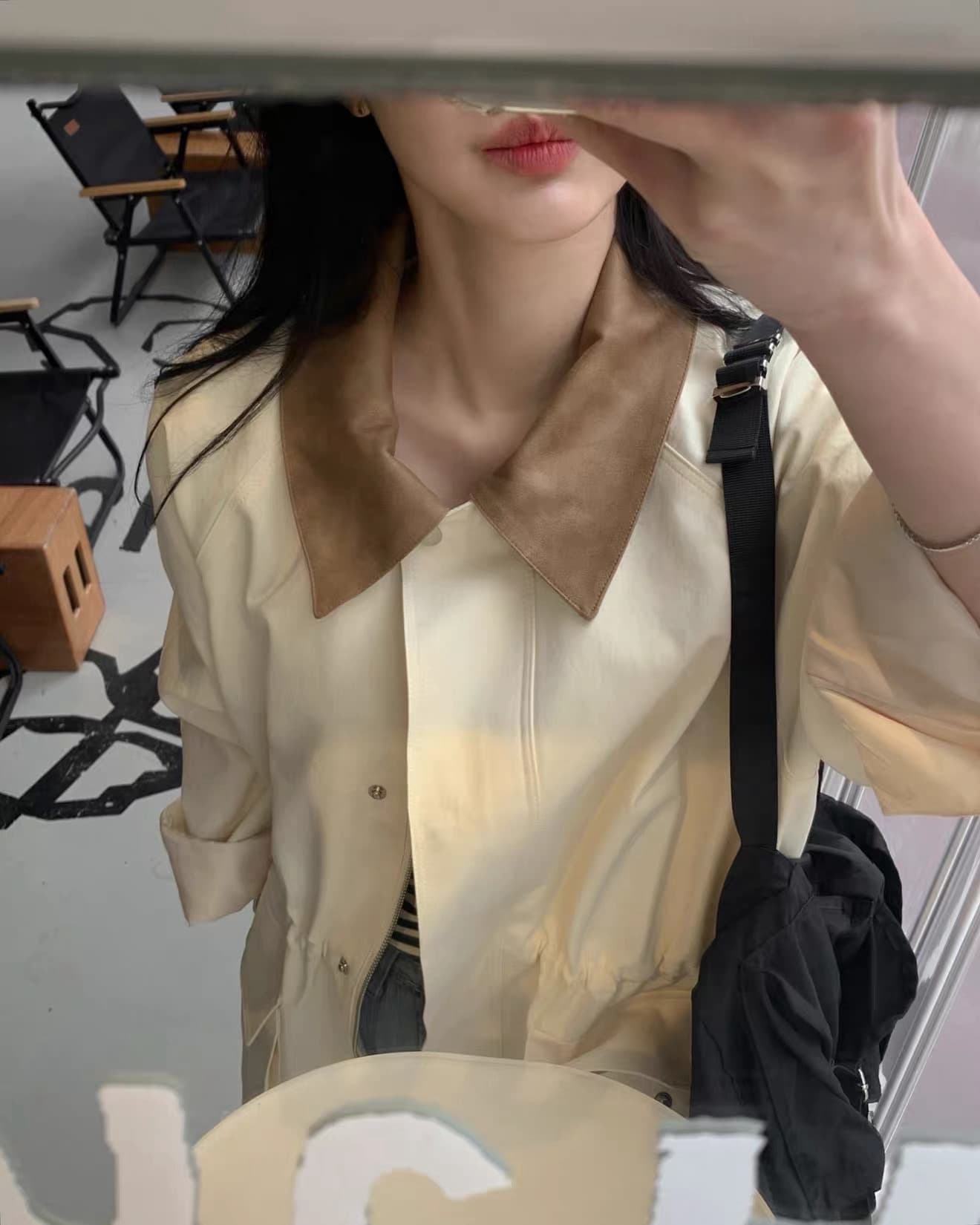 있음 창고 한국 동대문 2026 새로운 한국 스타일 다용도 허리 수축 패치워크 색상 바람막이 여성 코트 상세 이미지 7