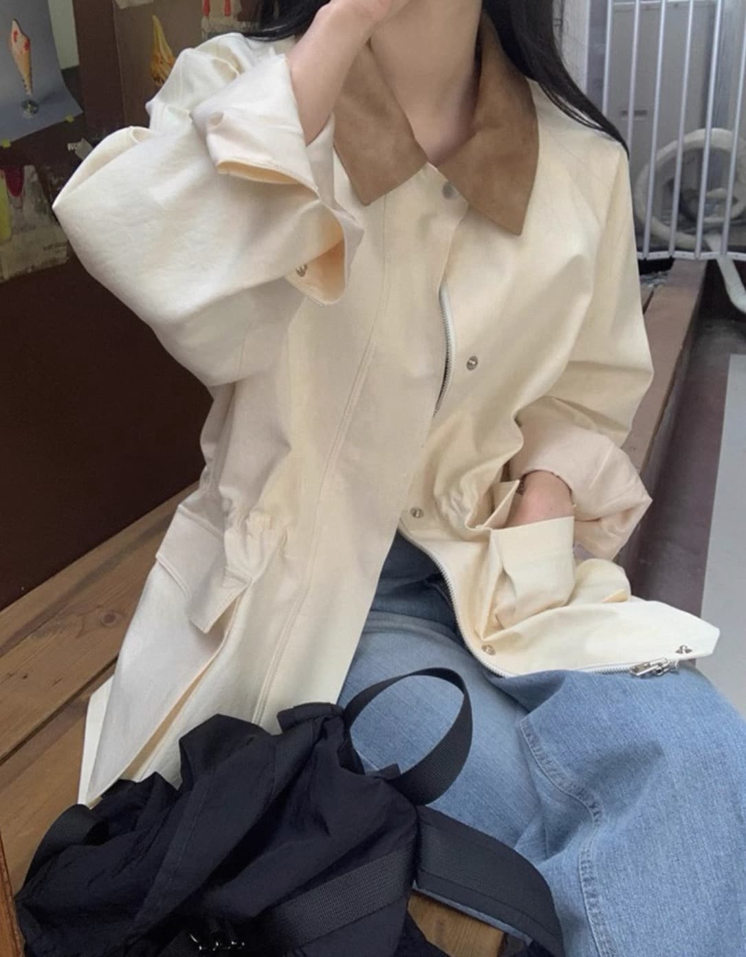 있음 창고 한국 동대문 2026 새로운 한국 스타일 다용도 허리 수축 패치워크 색상 바람막이 여성 코트 상세 이미지 13