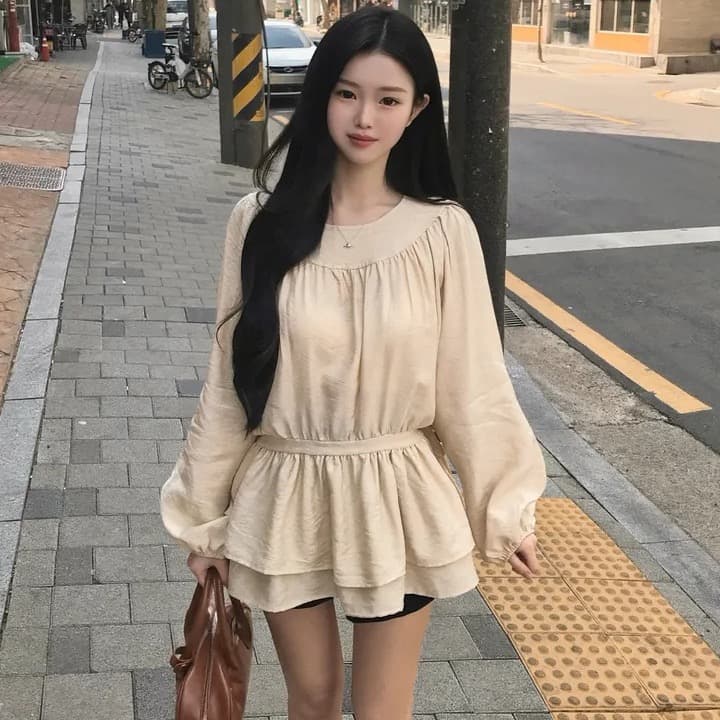 chic 한 부서 프랑스식 달콤함 부드러운 라운드 수신 Pleat 펌프 로프 허리 수축 작은 키 긴팔 미니 스커트 드레스 이미지 2