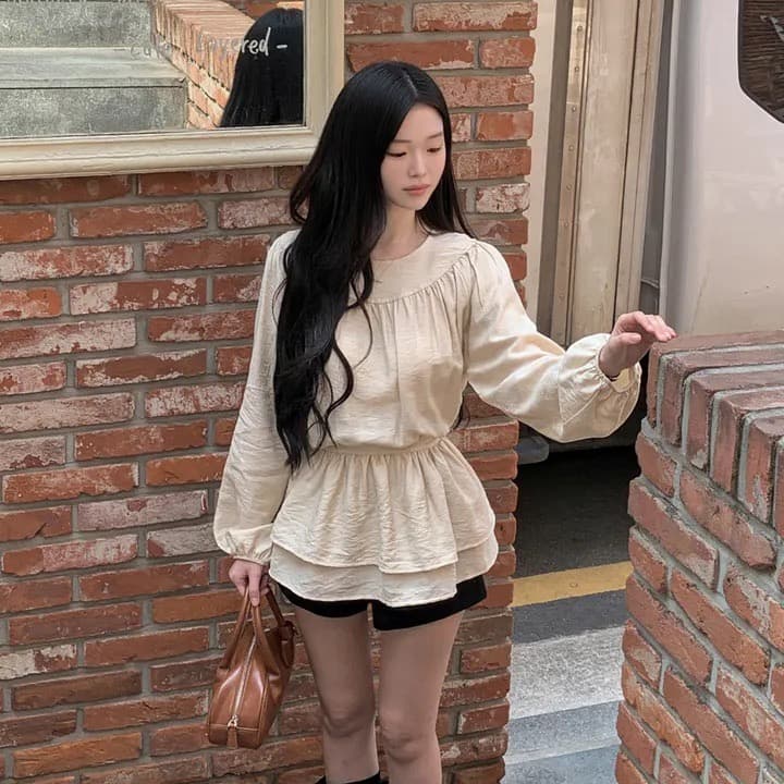 chic 한 부서 프랑스식 달콤함 부드러운 라운드 수신 Pleat 펌프 로프 허리 수축 작은 키 긴팔 미니 스커트 드레스 이미지 4