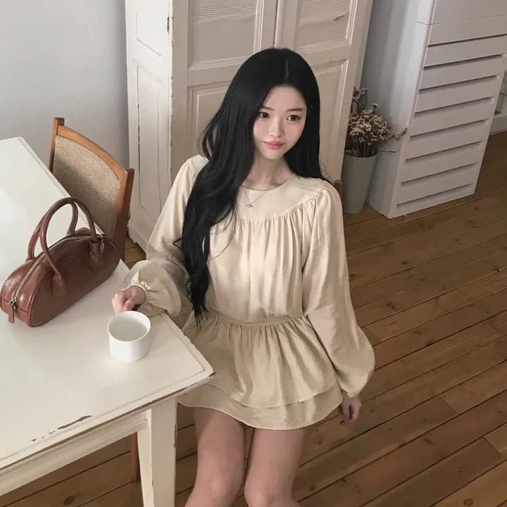 chic 한 부서 프랑스식 달콤함 부드러운 라운드 수신 Pleat 펌프 로프 허리 수축 작은 키 긴팔 미니 스커트 드레스