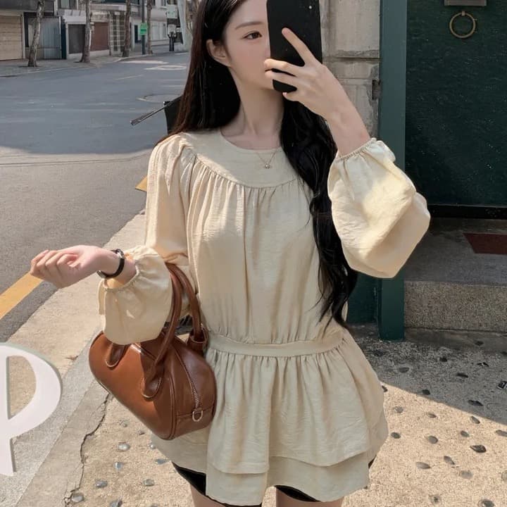 chic 한 부서 프랑스식 달콤함 부드러운 라운드 수신 Pleat 펌프 로프 허리 수축 작은 키 긴팔 미니 스커트 드레스 이미지 3