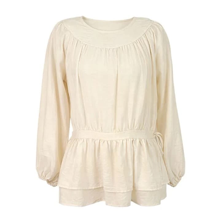 chic 한 부서 프랑스식 달콤함 부드러운 라운드 수신 Pleat 펌프 로프 허리 수축 작은 키 긴팔 미니 스커트 드레스 상세 이미지 1