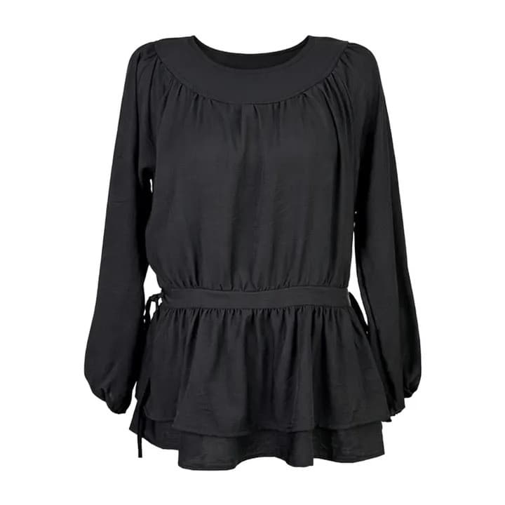 chic 한 부서 프랑스식 달콤함 부드러운 라운드 수신 Pleat 펌프 로프 허리 수축 작은 키 긴팔 미니 스커트 드레스 상세 이미지 2