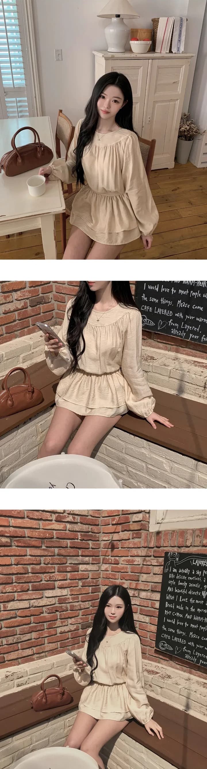 chic 한 부서 프랑스식 달콤함 부드러운 라운드 수신 Pleat 펌프 로프 허리 수축 작은 키 긴팔 미니 스커트 드레스 상세 이미지 6