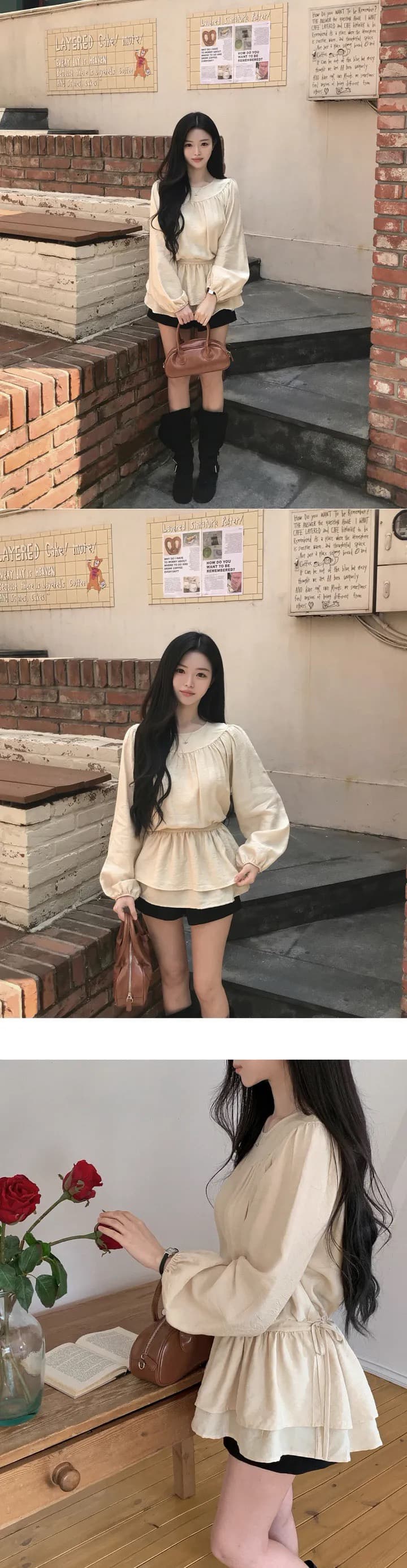 chic 한 부서 프랑스식 달콤함 부드러운 라운드 수신 Pleat 펌프 로프 허리 수축 작은 키 긴팔 미니 스커트 드레스 상세 이미지 8