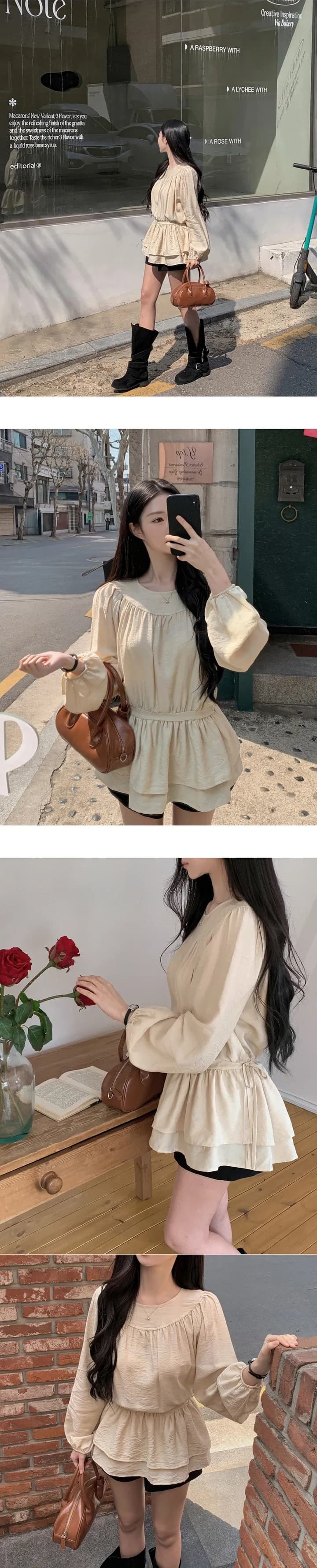 chic 한 부서 프랑스식 달콤함 부드러운 라운드 수신 Pleat 펌프 로프 허리 수축 작은 키 긴팔 미니 스커트 드레스 상세 이미지 9