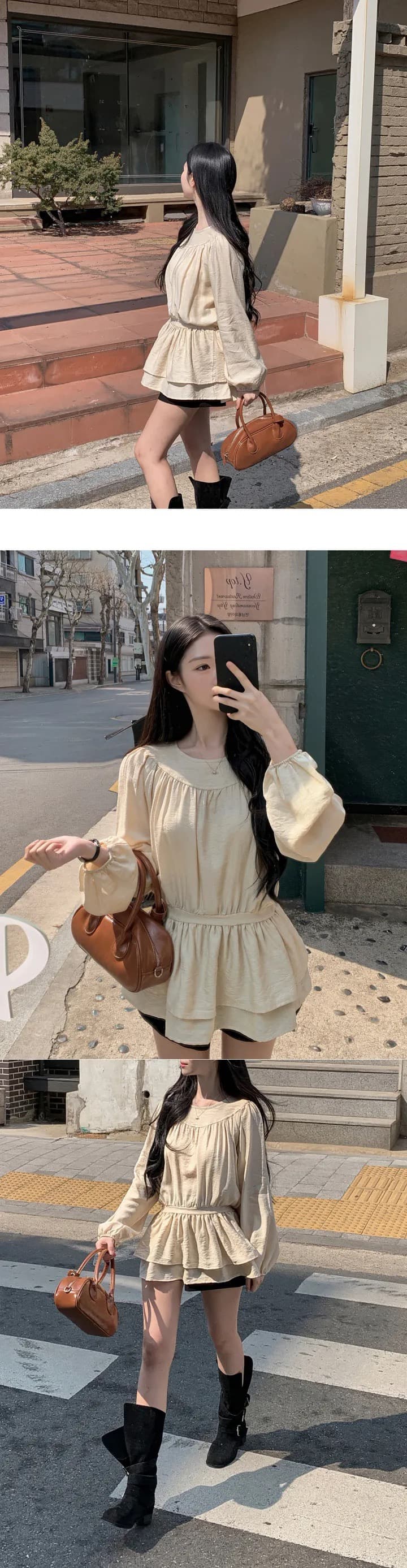chic 한 부서 프랑스식 달콤함 부드러운 라운드 수신 Pleat 펌프 로프 허리 수축 작은 키 긴팔 미니 스커트 드레스 상세 이미지 11