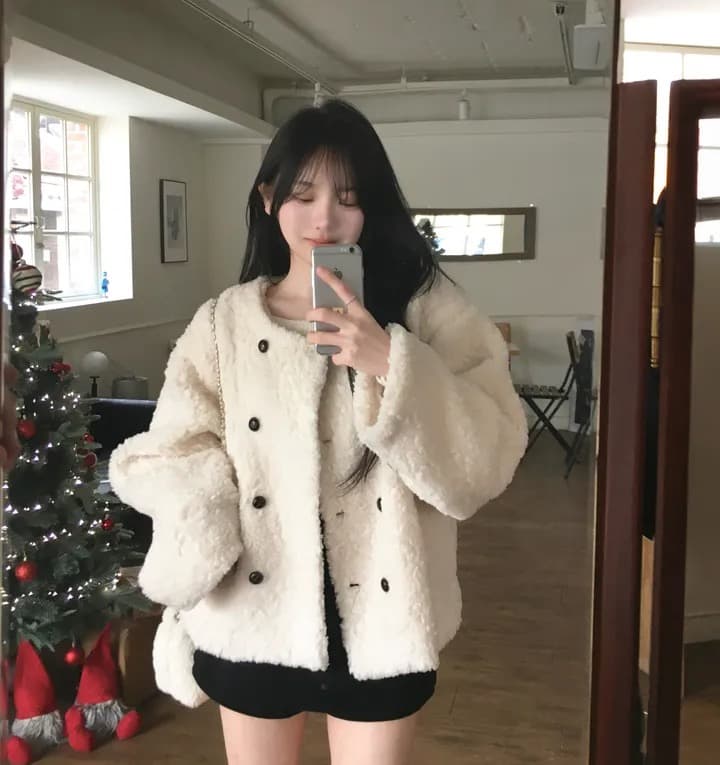 chic 한국 스타일 이중 버튼 양털 재킷