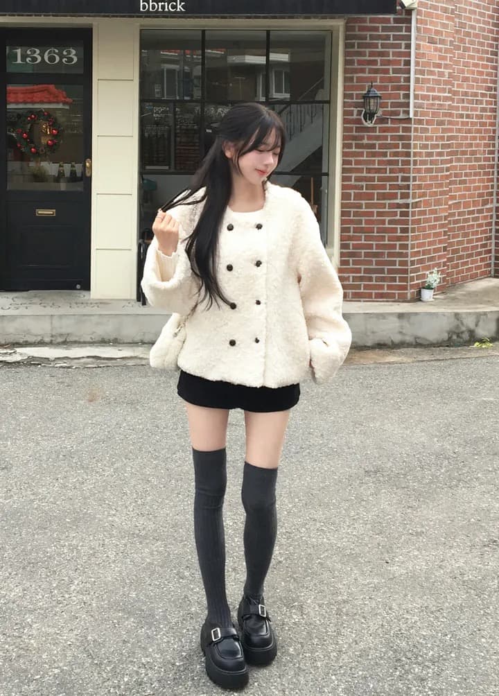 chic 한국 스타일 이중 버튼 양털 재킷 상세 이미지 2