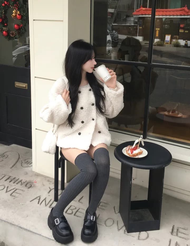 chic 한국 스타일 이중 버튼 양털 재킷 상세 이미지 3